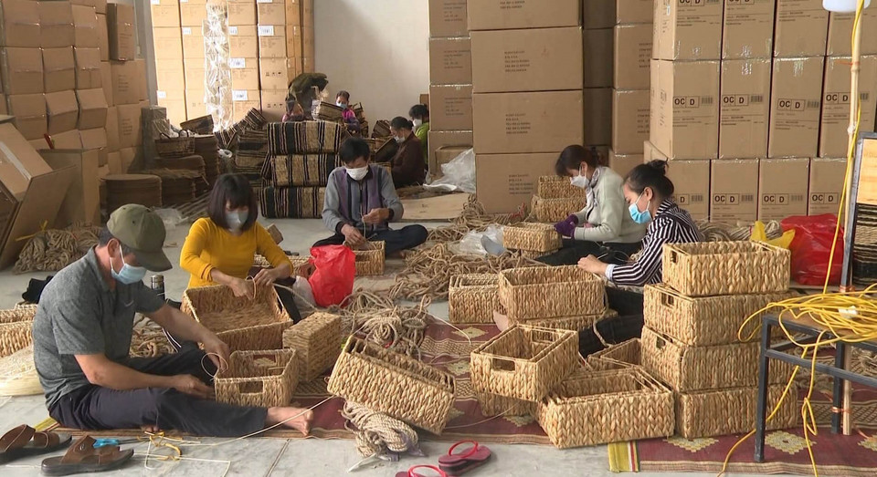 Người thợ thủ công làm ra các sản phẩm từ cói ở huyện Kim Sơn, tỉnh Ninh Bình. (Ảnh: Thùy Dung/TTXVN)