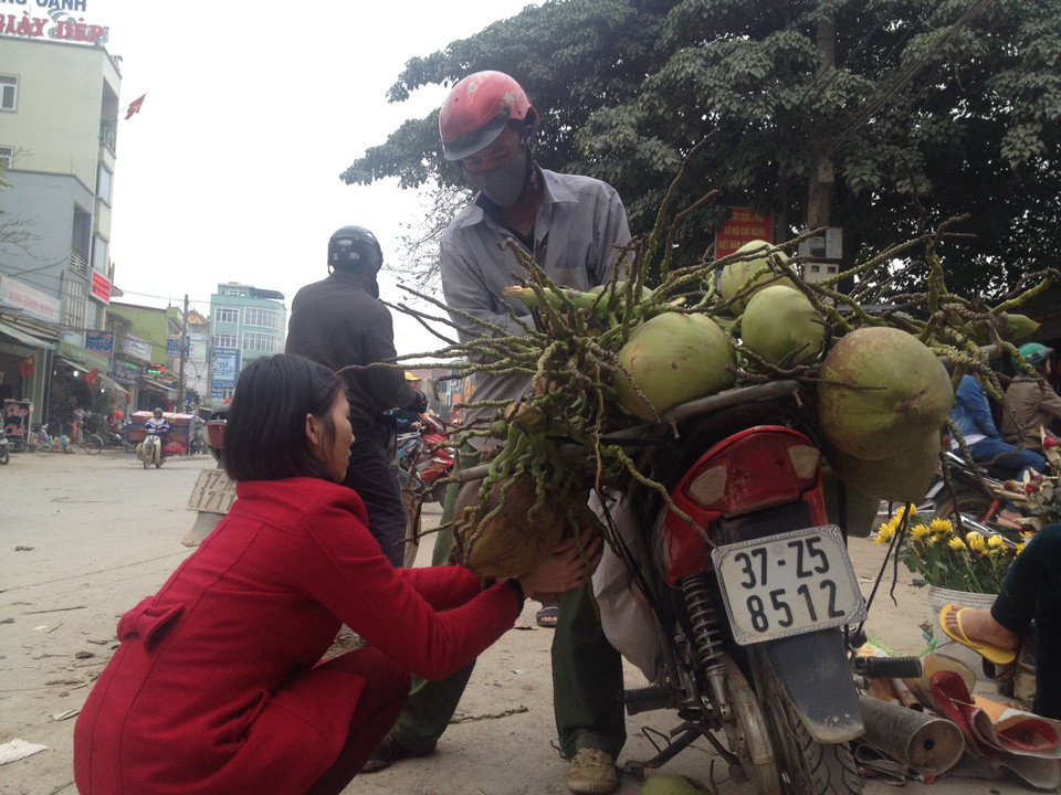 Khách chọn những quả dừa to, già để làm mứt Tết.(Ảnh: Mai Huyền/Vietnam+)