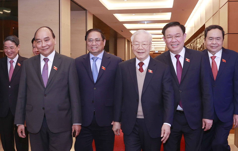 Tổng Bí thư Nguyễn Phú Trọng và các vị lãnh đạo Đảng, Nhà nước đến dự phiên bế mạc Kỳ họp bất thường lần thứ hai. (Ảnh: Doãn Tấn/TTXVN)