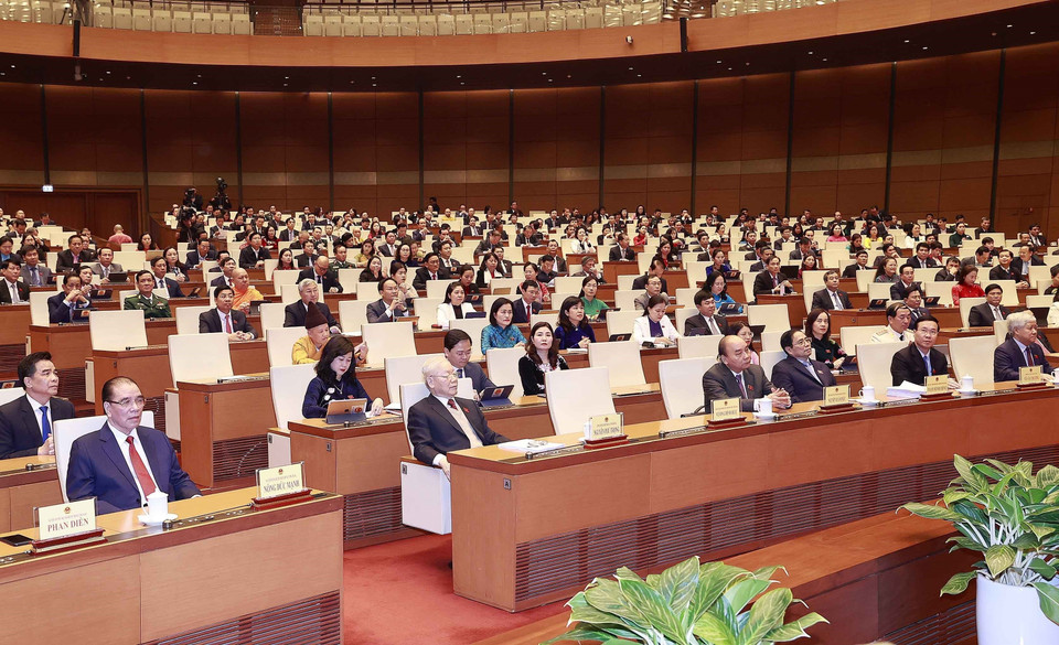 Tổng Bí thư Nguyễn Phú Trọng và các vị lãnh đạo, nguyên lãnh đạo Đảng, Nhà nước dự bế mạc kỳ họp. (Ảnh: Doãn Tấn/TTXVN)