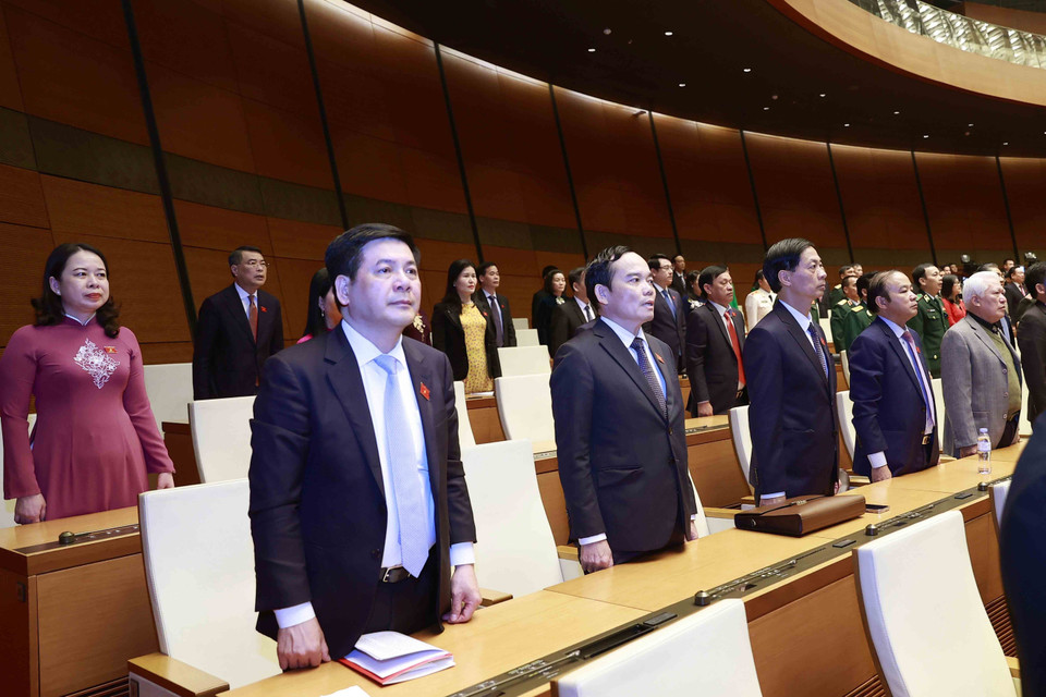 Đại biểu thực hiện nghi lễ chào cờ. (Ảnh: Doãn Tấn/TTXVN)