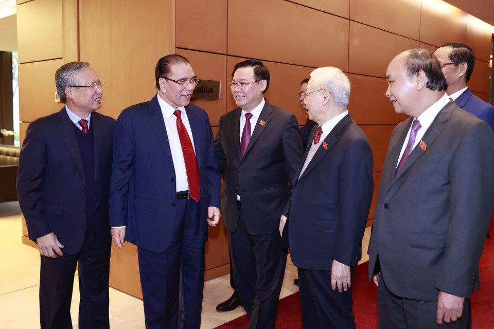 Tổng Bí thư Nguyễn Phú Trọng và các vị lãnh đạo, nguyên lãnh đạo Đảng, Nhà nước đến dự phiên bế mạc Kỳ họp bất thường lần thứ hai. (Ảnh: Doãn Tấn/TTXVN)