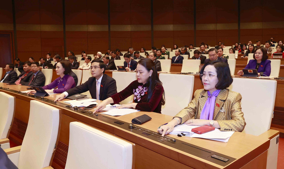 Đoàn đại biểu Quốc hội tỉnh Ninh Bình biểu quyết thông qua Nghị quyết về Quy hoạch tổng thể quốc gia thời kỳ 2021-2030, tầm nhìn đến năm 2050. (Ảnh: Doãn Tấn/TTXVN)