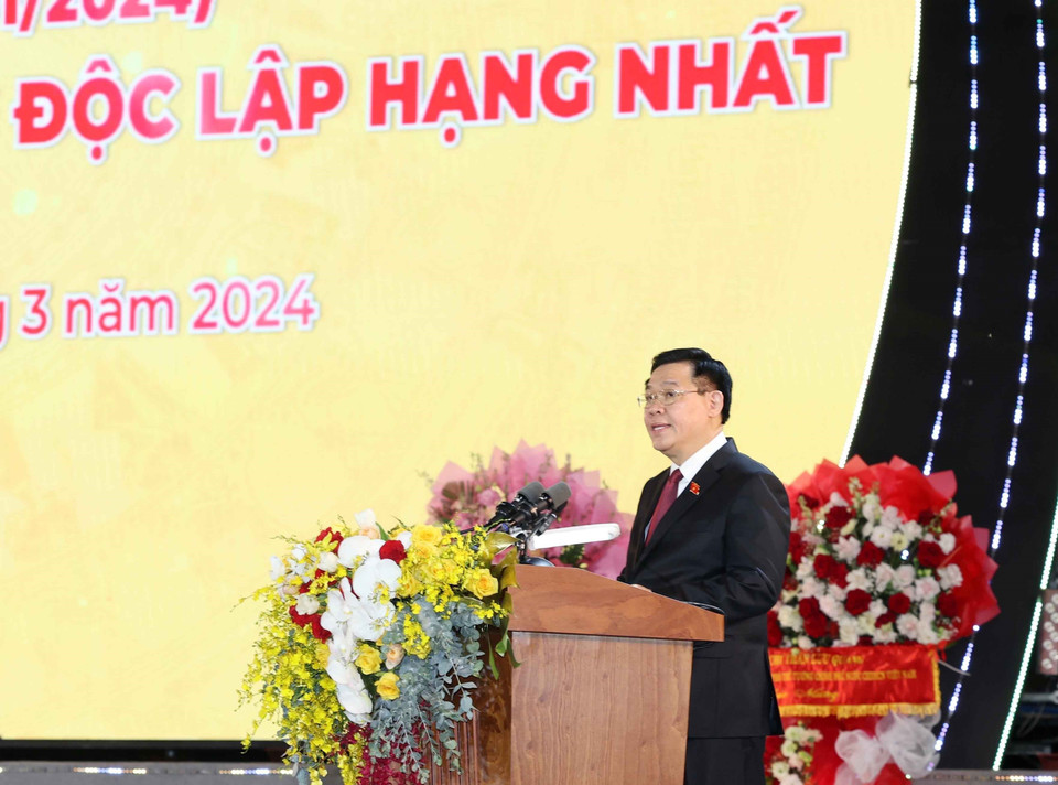 Chủ tịch Quốc hội Vương Đình Huệ phát biểu tại lễ kỷ niệm.(Ảnh: Nhan Sáng/TTXVN)