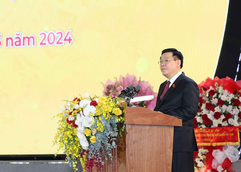 Chủ tịch Quốc hội Vương Đình Huệ phát biểu tại lễ kỷ niệm.(Ảnh: Nhan Sáng/TTXVN)
