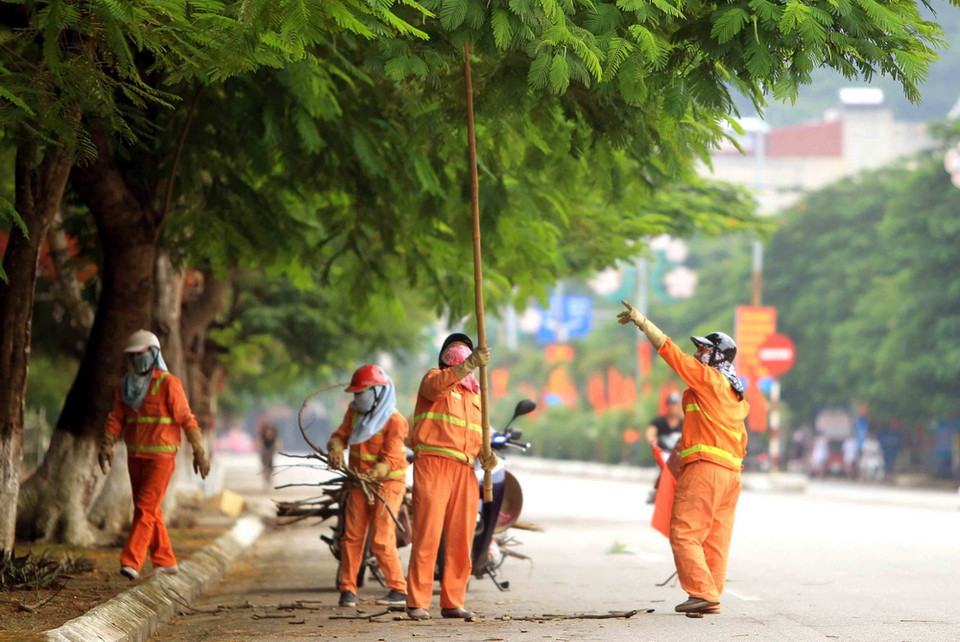 Công ty Cổ phần Công trình công cộng và Dịch vụ du lịch thành phố Hải Phòng cắt cành cây khô trên các tuyến phố. (Ảnh: An Đăng/TTXVN)