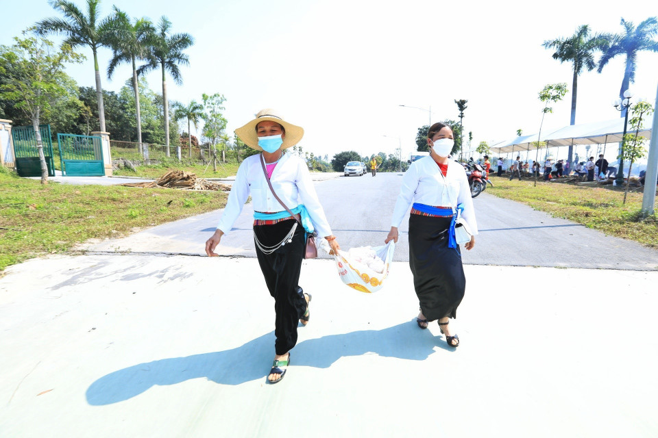 Các đội khẩn trương mang xôi đến nơi thi giã bánh giầy. (Ảnh: Tuấn Anh/TTXVN)