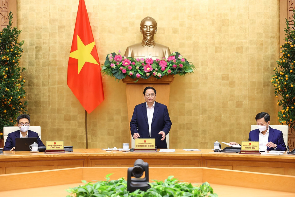 Thủ tướng Phạm Minh Chính phát biểu khai mạc Phiên họp Chính phủ tháng 1/2022. (Ảnh: Dương Giang/TTXVN)