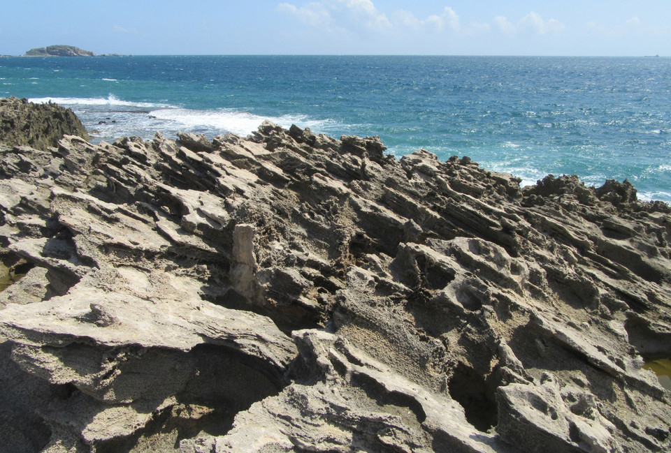 Rạn san hô cổ hóa thạch do sóng biển bào mòn tạo thành nhiều hình dáng lạ mắt. (Ảnh: Nguyễn Thành/TTXVN)