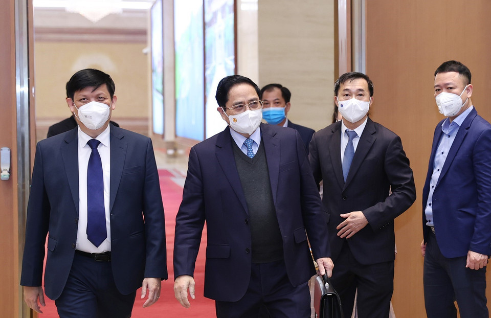 Thủ tướng Phạm Minh Chính đến dự hội nghị triển khai công tác y tế năm 2022. (Ảnh: Dương Giang/TTXVN)
