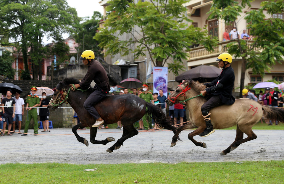 Các nài ngựa tranh tài trên đường đua. (Ảnh: Quốc Khánh/TTXVN)