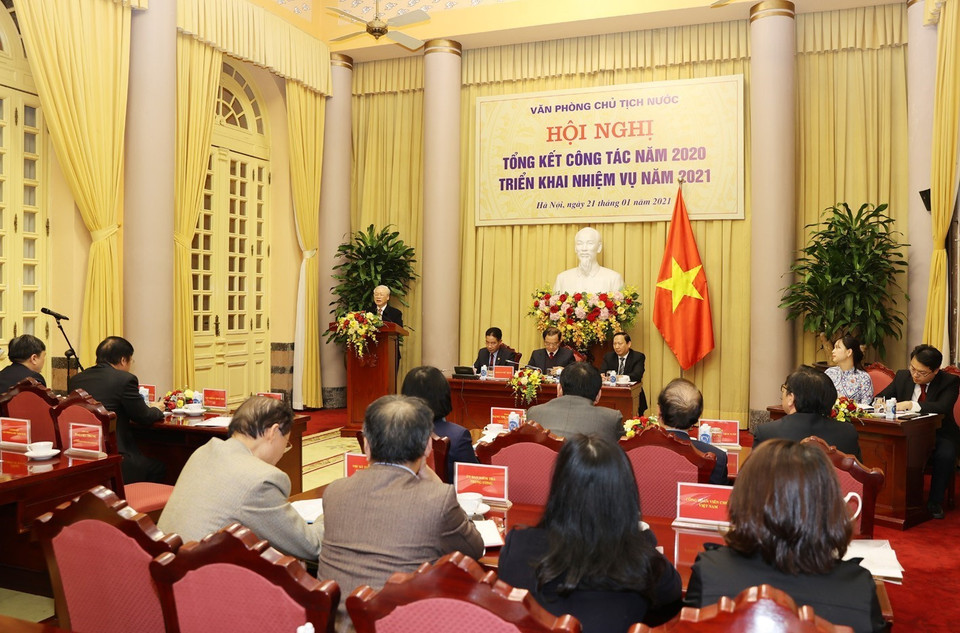 Toàn cảnh Tổng Bí thư, Chủ tịch nước Nguyễn Phú Trọng phát biểu tại Hội nghị. (Ảnh: Trí Dũng/TTXVN)