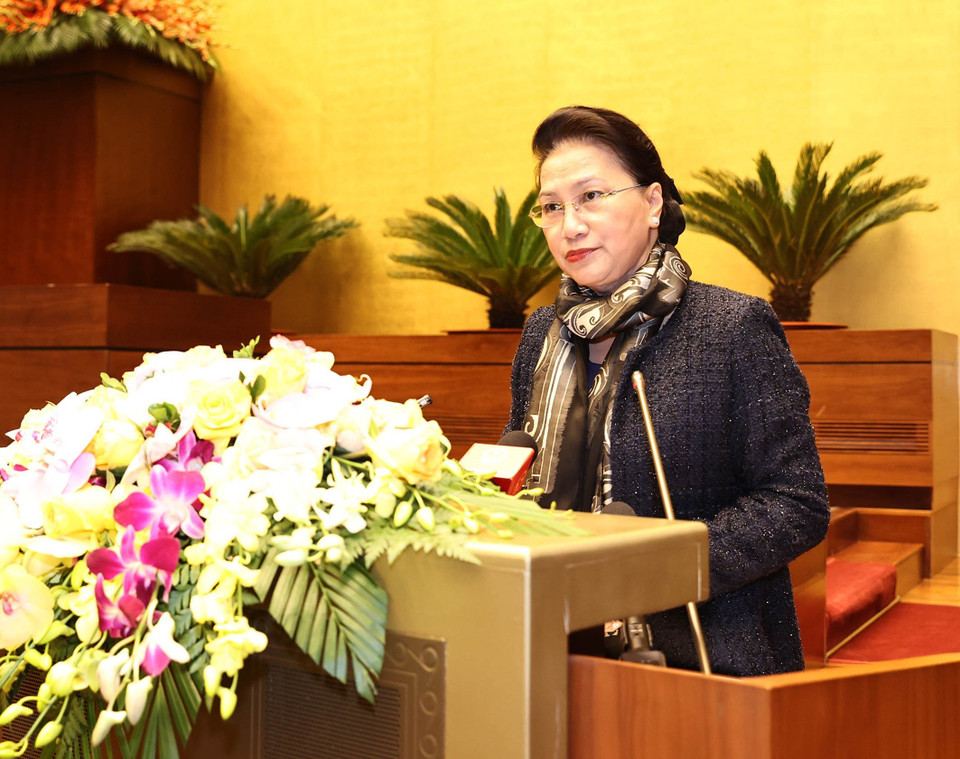 Chủ tịch Quốc hội Nguyễn Thị Kim Ngân, Chủ tịch Hội đồng Bầu cử quốc gia phát biểu. (Ảnh: Trọng Đức/TTXVN)