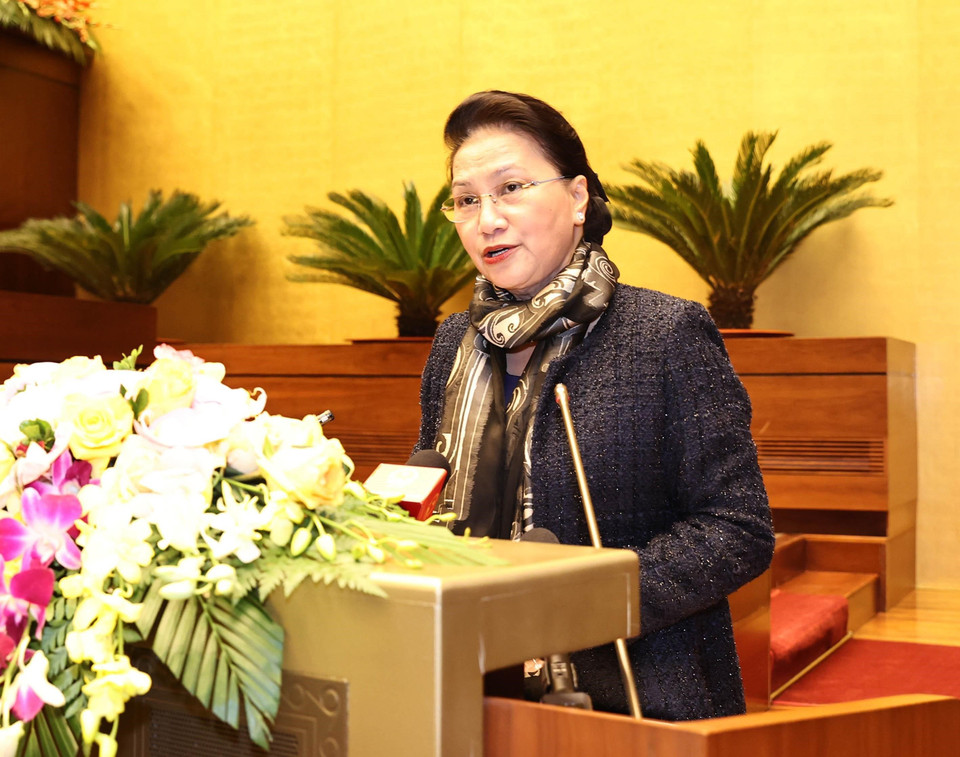 Chủ tịch Quốc hội Nguyễn Thị Kim Ngân, Chủ tịch Hội đồng Bầu cử quốc gia phát biểu. (Ảnh: Trọng Đức/TTXVN)