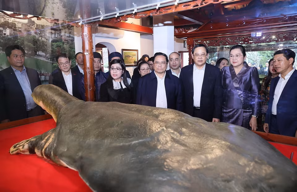 Thủ tướng Phạm Minh Chính và Phu nhân cùng Thủ tướng Sonexay Siphandone và Phu nhân tham quan hai tiêu bản cụ rùa trong Đền Ngọc Sơn. (Ảnh: Dương Giang/TTXVN)