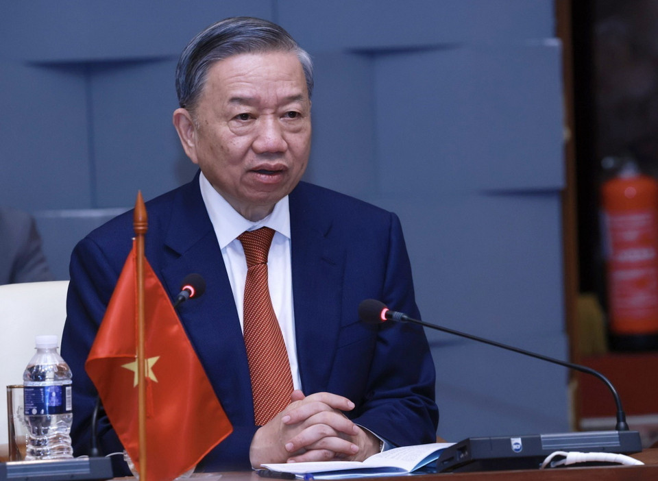 Tổng Bí thư, Chủ tịch nước Tô Lâm phát biểu tại cuộc hội đàm với Bí thư thứ nhất Đảng Cộng sản Cuba, Chủ tịch Cuba Miguel Diaz-Canel Bermudez. (Ảnh: Lâm Khánh/TTXVN)