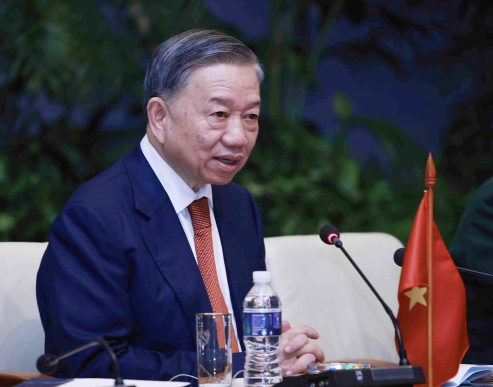 Tổng Bí thư, Chủ tịch nước Tô Lâm phát biểu tại cuộc hội đàm với Bí thư thứ nhất Đảng Cộng sản Cuba, Chủ tịch Cuba Miguel Diaz-Canel Bermudez. (Ảnh: Lâm Khánh/TTXVN)