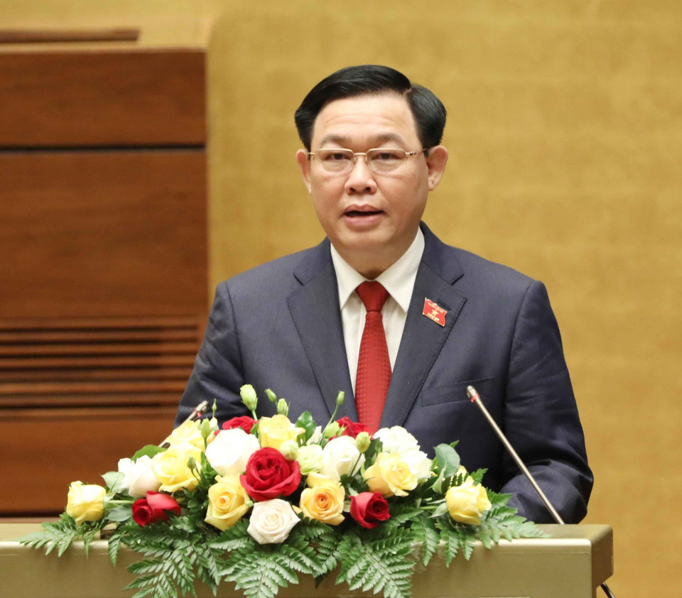 Chủ tịch Quốc hội Vương Đình Huệ, Chủ tịch Hội đồng Bầu cử quốc gia phát biểu tại lễ tuyên thệ nhậm chức. (Ảnh: Trí Dũng/TTXVN)