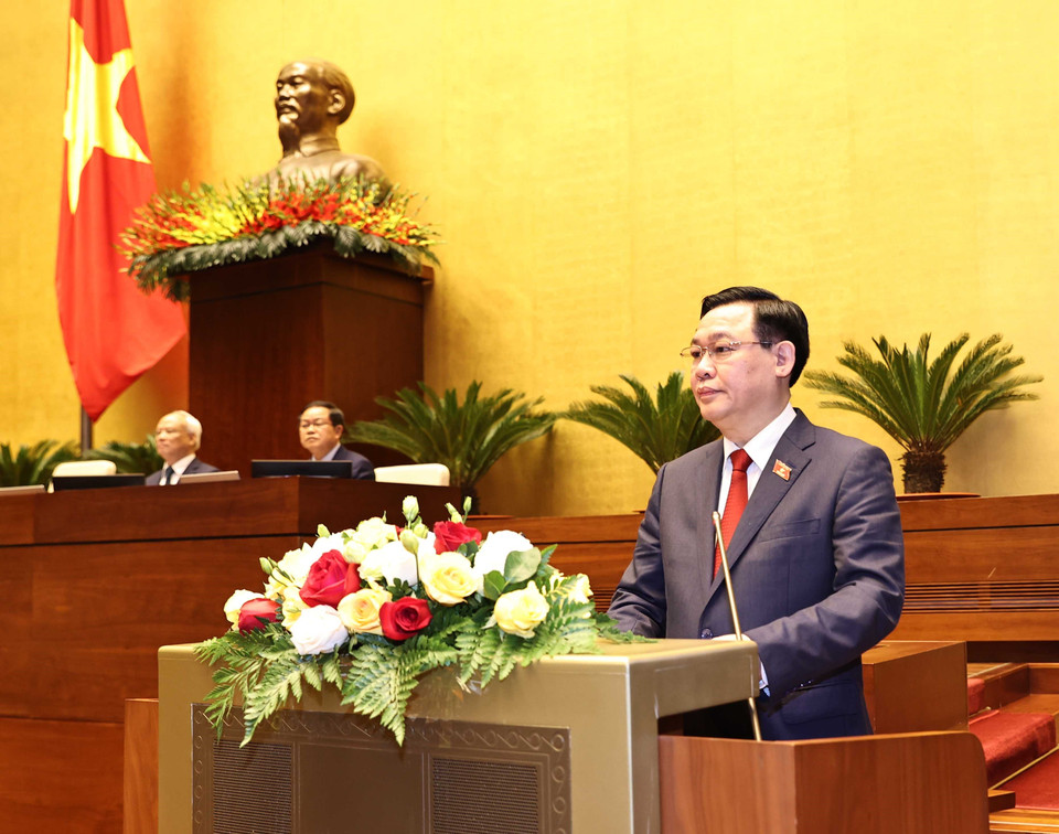 Chủ tịch Quốc hội Vương Đình Huệ, Chủ tịch Hội đồng Bầu cử quốc gia phát biểu tại lễ tuyên thệ nhậm chức. (Ảnh: Trí Dũng/TTXVN)