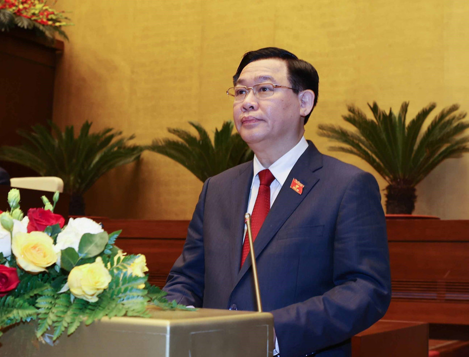 Chủ tịch Quốc hội Vương Đình Huệ, Chủ tịch Hội đồng Bầu cử quốc gia phát biểu tại lễ tuyên thệ nhậm chức. (Ảnh: Trí Dũng/TTXVN)