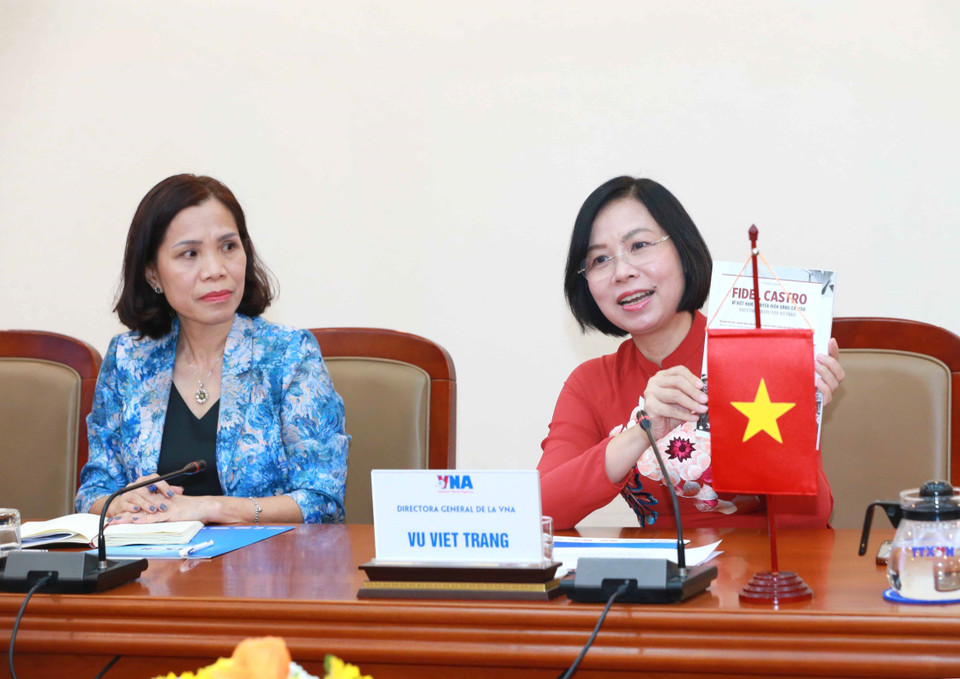 Tổng Giám đốc Thông tấn xã Việt Nam Vũ Việt Trang phát biểu tại hội đàm. (Ảnh: Phương Hoa/TTXVN)