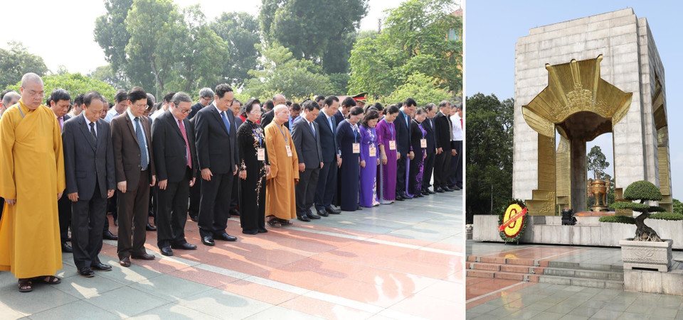 Đoàn đại biểu dự Đại hội đại biểu toàn quốc Mặt trận Tổ quốc Việt Nam lần thứ IX do ông Trần Thanh Mẫn, Bí thư Trung ương Đảng, Chủ tịch Ủy ban Trung ương Mặt trận Tổ quốc Việt Nam khóa VIII làm Trưởng đoàn đến đặt vòng hoa, dâng hương tưởng niệm các Anh hùng, Liệt sỹ tại Đài tưởng niệm Bắc Sơn. (Ảnh: Lâm Khánh/TTXVN)