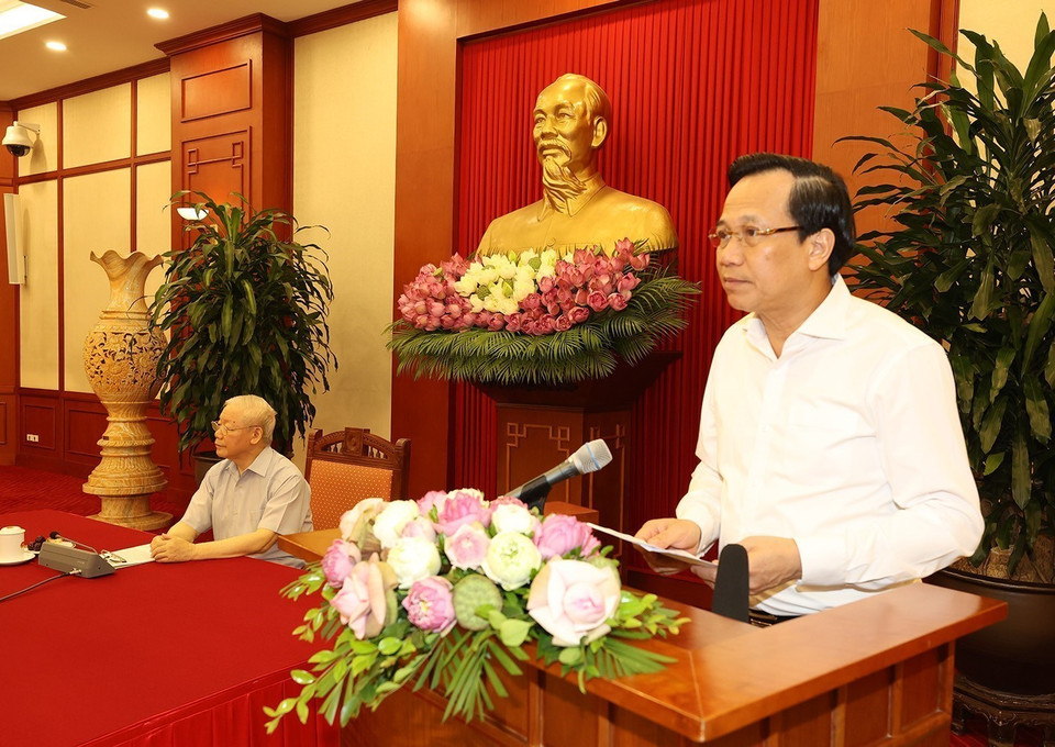 Bộ trưởng Bộ Lao động, Thương binh và Xã hội Đào Ngọc Dung phát biểu tại buổi gặp mặt. (Ảnh: Trí Dũng/TTXVN)