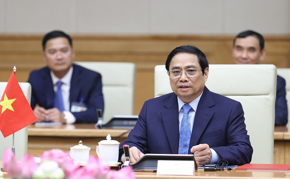 Thủ tướng Phạm Minh Chính phát biểu tại cuộc hội đàm. (Ảnh: Dương Giang/TTXVN)