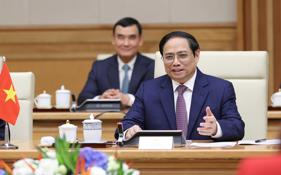 Thủ tướng Phạm Minh Chính phát biểu tại buổi hội đàm với Thủ tướng New Zealand Jacinda Ardern. (Ảnh: Dương Giang/TTXVN)