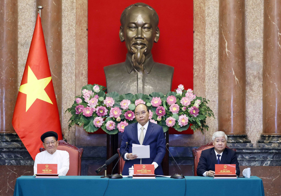 Hình ảnh Chủ tịch nước Nguyễn Xuân Phúc phát biểu tại buổi tiếp chức sắc các Hội thánh và Tổ chức Cao Đài. (Ảnh: Thống Nhất/TTXVN)