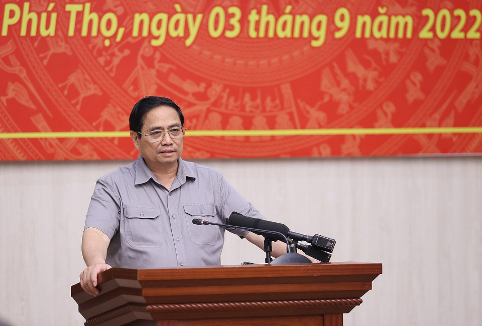 Hình ảnh Thủ tướng Phạm Minh Chính kết luận buổi làm việc với Ban Thường vụ Tỉnh ủy Phú Thọ. (Ảnh: Dương Giang/TTXVN)