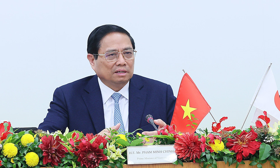 Thủ tướng Phạm Minh Chính phát biểu tại buổi tọa đàm. (Ảnh: Dương Giang/TTXVN)