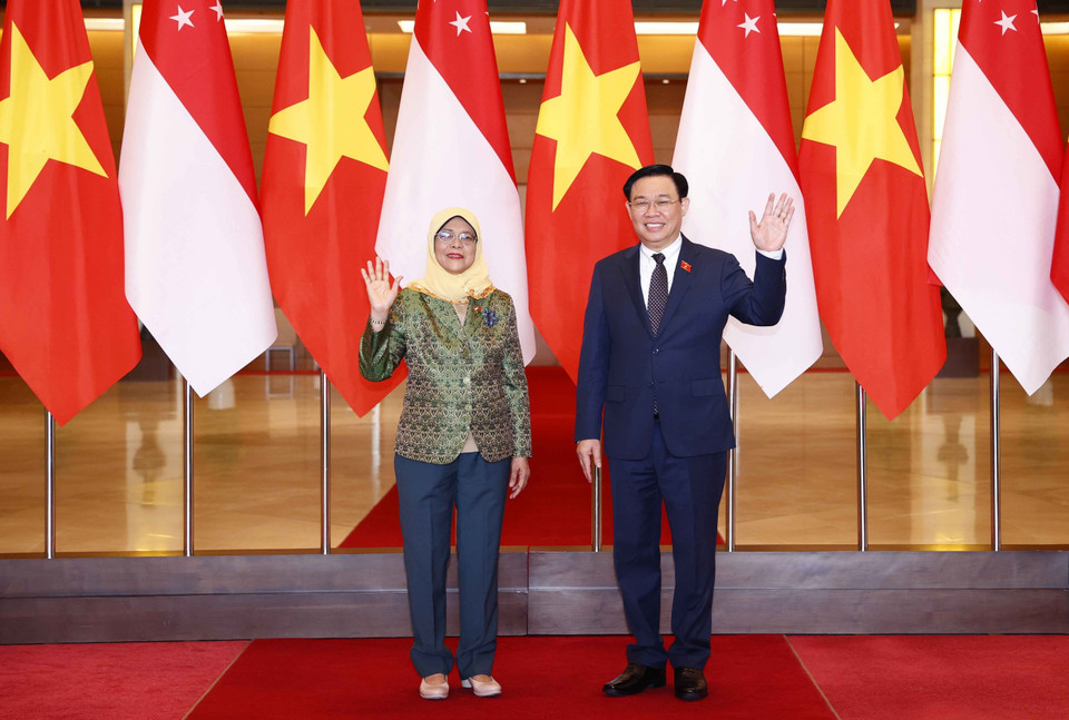 Chủ tịch Quốc hội Vương Đình Huệ hội kiến Tổng thống Cộng hòa Singapore. (Ảnh: TTXVN)