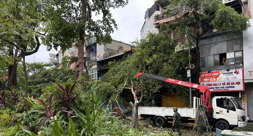 Lực lượng bộ đội cùng nhân dân khắc phục hậu quả cơn bão tại phố Quán Thánh, Ba Đình, Hà Nội. (Ảnh: Kim Anh/ TTXVN)