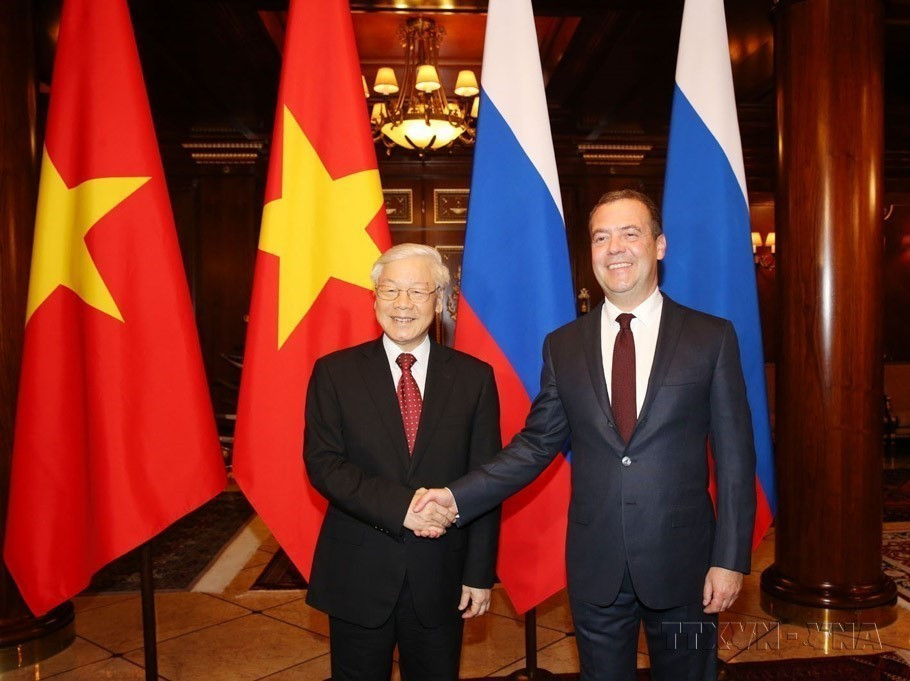 Tổng Bí thư Nguyễn Phú Trọng hội kiến Thủ tướng Dmitry Medvedev trong chuyến thăm Liên bang Nga (Moskva, 2018). (Ảnh: Trí Dũng/TTXVN)