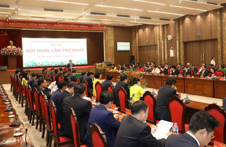Quang cảnh Hội nghị lần thứ nhất Ban Chấp hành Đảng bộ thành phố Hà Nội khóa XVII. (Ảnh: Văn Điệp/TTXVN)