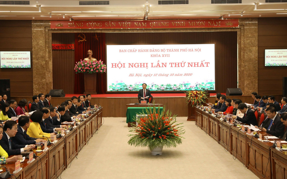 Quang cảnh Hội nghị lần thứ nhất Ban Chấp hành Đảng bộ thành phố Hà Nội khóa XVII. (Ảnh: Văn Điệp/TTXVN)