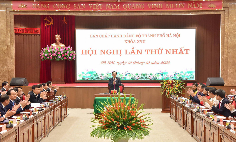 Quang cảnh Hội nghị lần thứ nhất Ban Chấp hành Đảng bộ thành phố Hà Nội khóa XVII. (Ảnh: Văn Điệp/TTXVN)