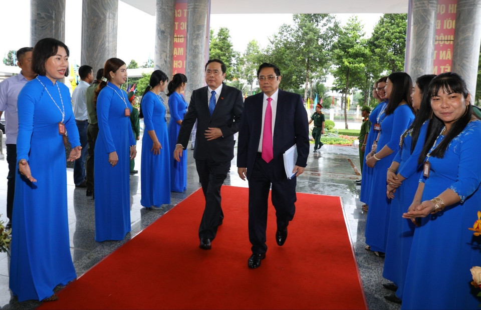 Ông Phạm Minh Chính, Ủy viên Bộ Chính trị, Bí thư Trung ương Đảng, Trưởng Ban Tổ chức Trung ương và ông Trần Thanh Mẫn, Bí thư Trung ương Đảng, Chủ tịch Ủy ban Trung ương Mặt trận Tổ quốc Việt Nam đến dự và chỉ đạo Đại hội. (Ảnh: Duy Khương/TTXVN)