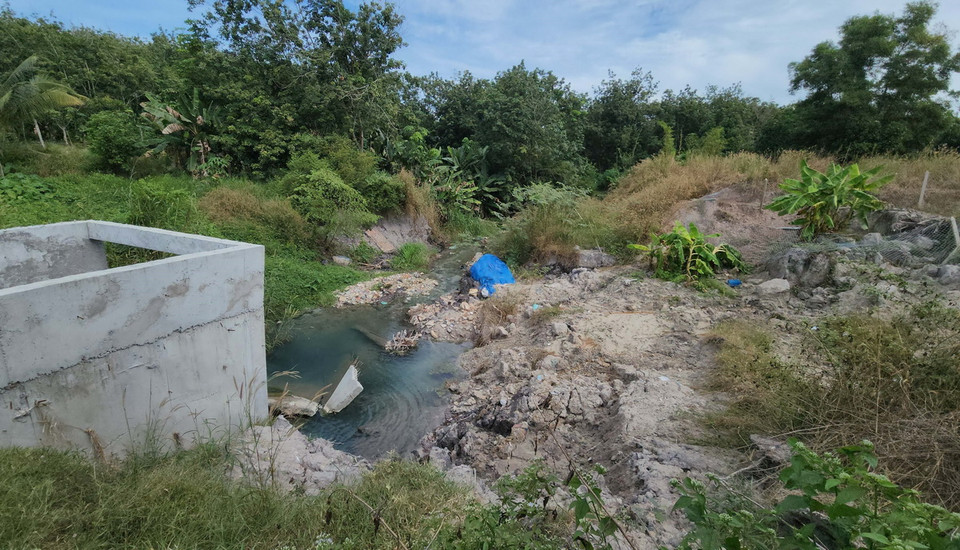 Suối Bưng Hổ sạt lở ảnh hưởng đến nhà cửa, vườn tược của người dân. (Ảnh: Đậu Tất Thành/TTXVN)