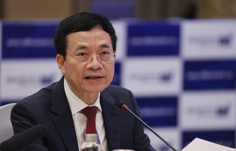 Bộ trưởng Bộ Thông tin và Truyền thông Nguyễn Mạnh Hùng phát biểu. (Ảnh: Dương Giang/TTXVN)