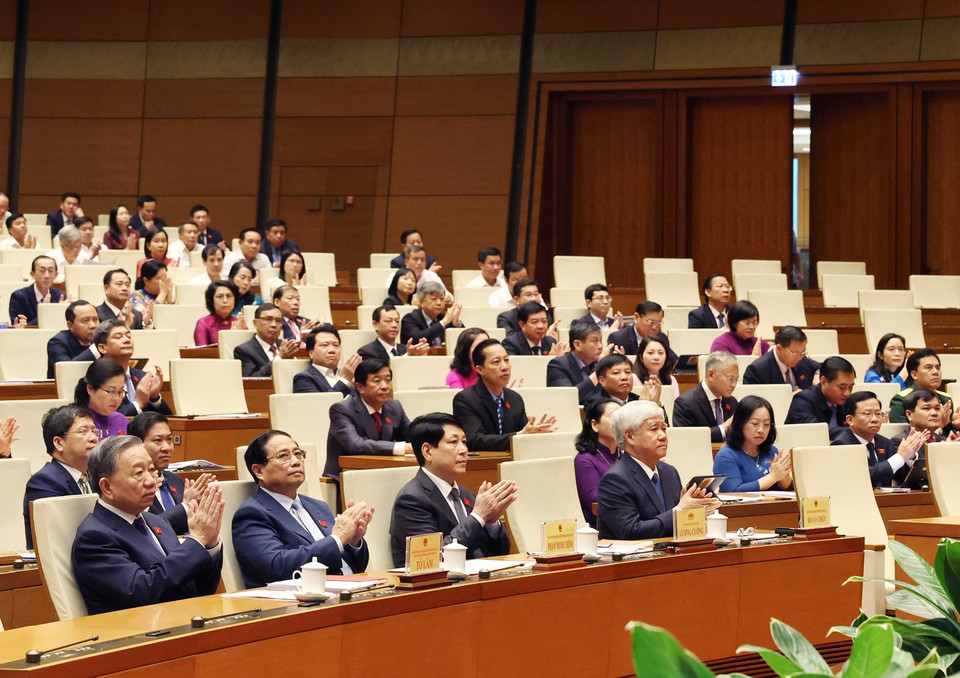 Các đồng chí Lãnh đạo Đảng, Nhà nước và đại biểu dự phiên khai mạc Kỳ họp bất thường lần thứ 8, Quốc hội khóa XV. (Ảnh: Thống Nhất/ TTXVN)