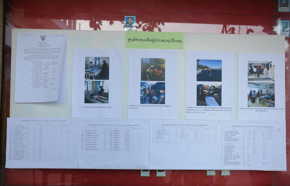 Danh sách các nạn nhân vụ lật xe được niêm yết trong khuôn viên trụ sở công an huyện Chaiyo, tỉnh AngThong. (Ảnh: Sơn Nam-Quang Thuận/Vietnam+)