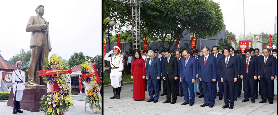 Chủ tịch nước Nguyễn Xuân Phúc và lãnh đạo, nguyên lãnh đạo Đảng, Nhà nước dâng hương, dâng hoa trước tượng đài Tổng Bí thư Nguyễn Văn Cừ, phường Phù Khê, thành phố Từ Sơn, tỉnh Bắc Ninh. (Ảnh: Thống Nhất/TTXVN)
