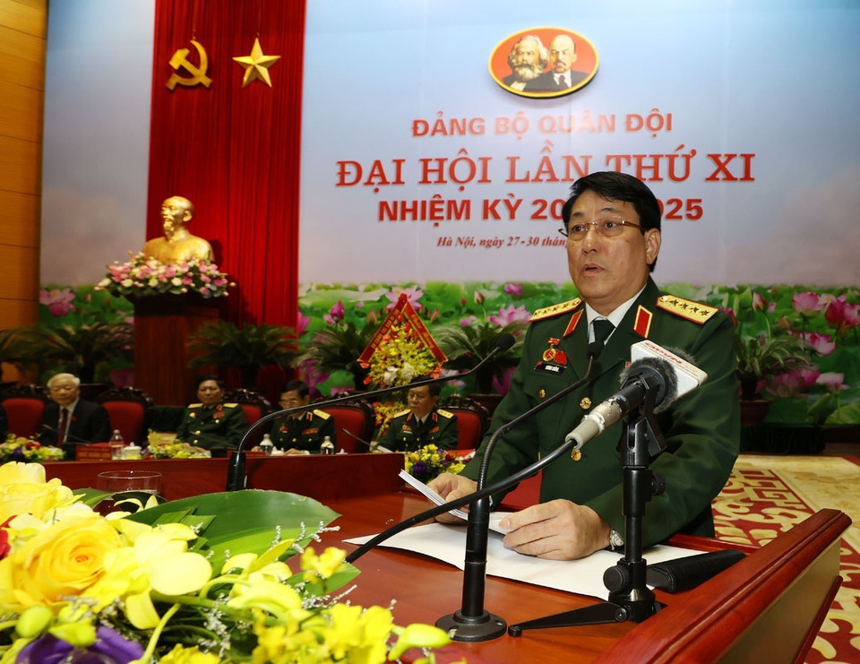 Đại tướng Lương Cường, Bí thư Trung ương Đảng, Chủ nhiệm Tổng cục Chính trị Quân đội nhân dân Việt Nam phát biểu. (Ảnh: Trí Dũng/TTXVN)