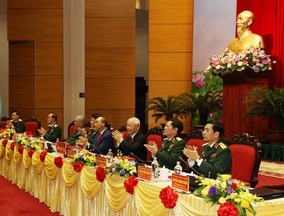 Tổng Bí thư, Chủ tịch nước, Bí thư Quân ủy Trung ương Nguyễn Phú Trọng dự Đại hội. (Ảnh: Trí Dũng/TTXVN)