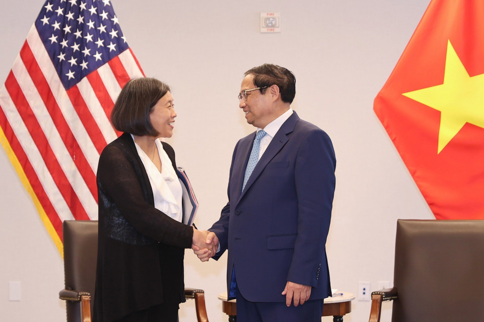 Thủ tướng Phạm Minh Chính tiếp Đại diện Thương mại Hoa Kỳ Katherine Tai. (Ảnh: Dương Giang/TTXVN)