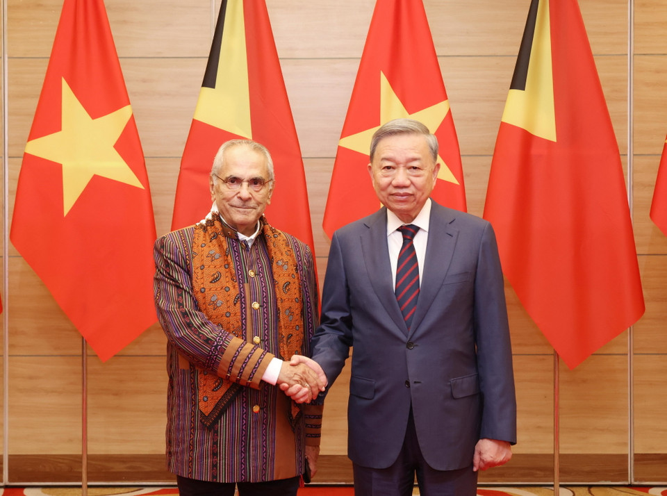 Chủ tịch nước Tô Lâm và Tổng thống Timor-Leste Jose Ramos-Horta tại tiệc chiêu đãi. (Ảnh: TTXVN)