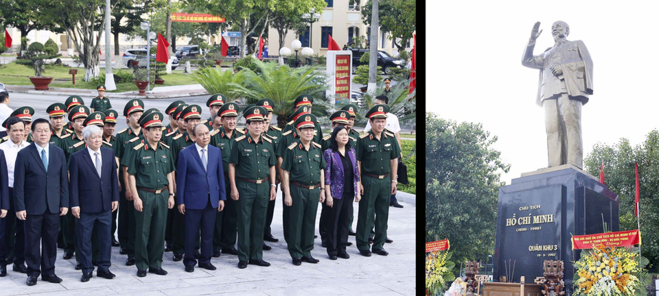 Chủ tịch nước Nguyễn Xuân Phúc cùng lãnh đạo Đảng, Nhà nước, thành phố Hải Phòng, Bộ Tư lệnh Quân khu 3, Bộ Tư lệnh Hải quân dâng hương tưởng nhớ Chủ tịch Hồ Chí Minh tại Bộ Tư lệnh Quân khu 3. (Ảnh: Thống Nhất/TTXVN)