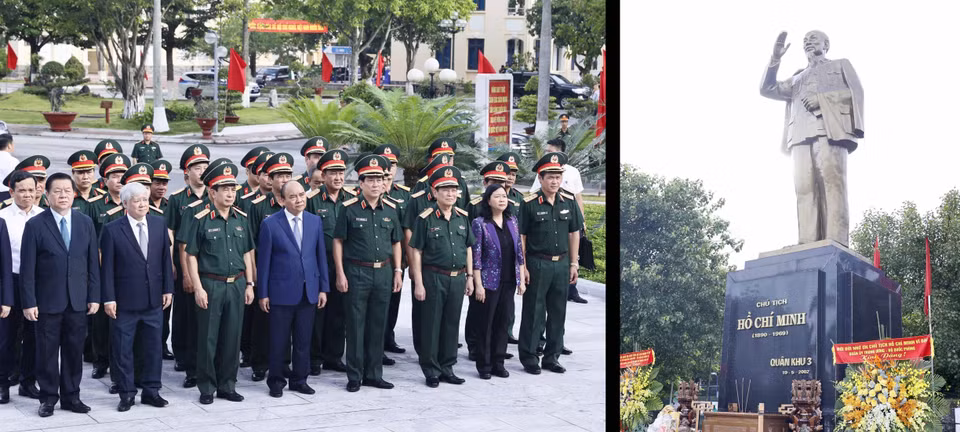 Chủ tịch nước Nguyễn Xuân Phúc cùng lãnh đạo Đảng, Nhà nước, thành phố Hải Phòng, Bộ Tư lệnh Quân khu 3, Bộ Tư lệnh Hải quân dâng hương tưởng nhớ Chủ tịch Hồ Chí Minh tại Bộ Tư lệnh Quân khu 3. (Ảnh: Thống Nhất/TTXVN)